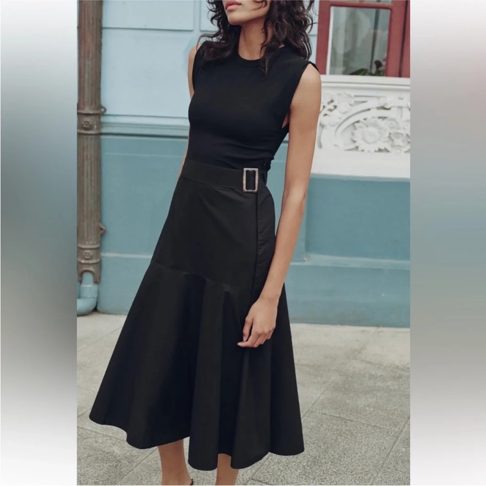 Zara NWT Chic Black Midi Dress with Belt Detail - Picture 3 of 13